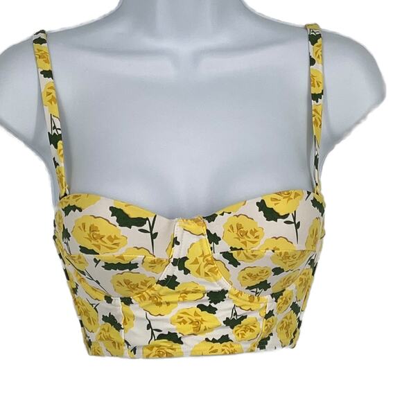 Contoured Bikini Swimsuit Top with Rose Print in White and Yellow Size Small - Picture 1 of 5